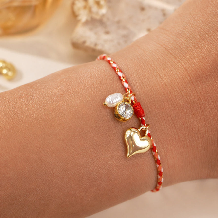 handmade red string bracelet for women teen girls gold heart pendant freshwater pearl cubic zircon charm braided cord friendship bracelet summer beach vacation adjustable wristband pack