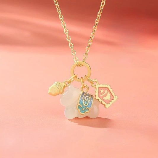 Chinese Zodiac Horse Enamel Jade  S925 Silver Necklace