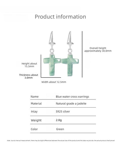 Jade Blue Water Cross Earrings S925 Silver Inlaid