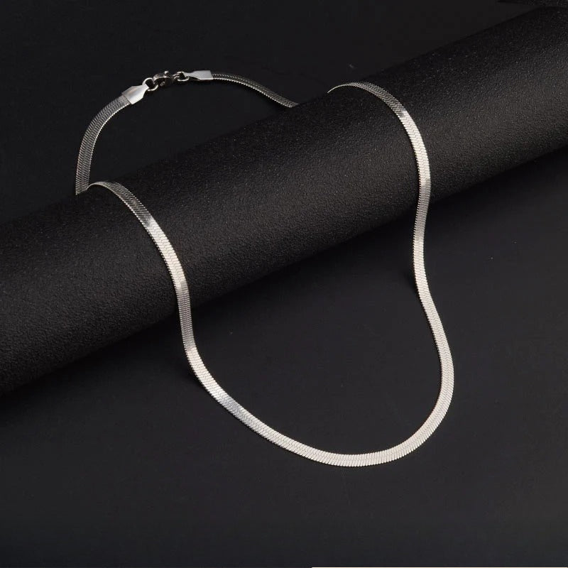 stainless steel flat snake chain necklace for men women 4mm flat herringbone chain sleek liquid blade snake bone link choker streetwear hip hop minimalist plain layering chain 50cm
