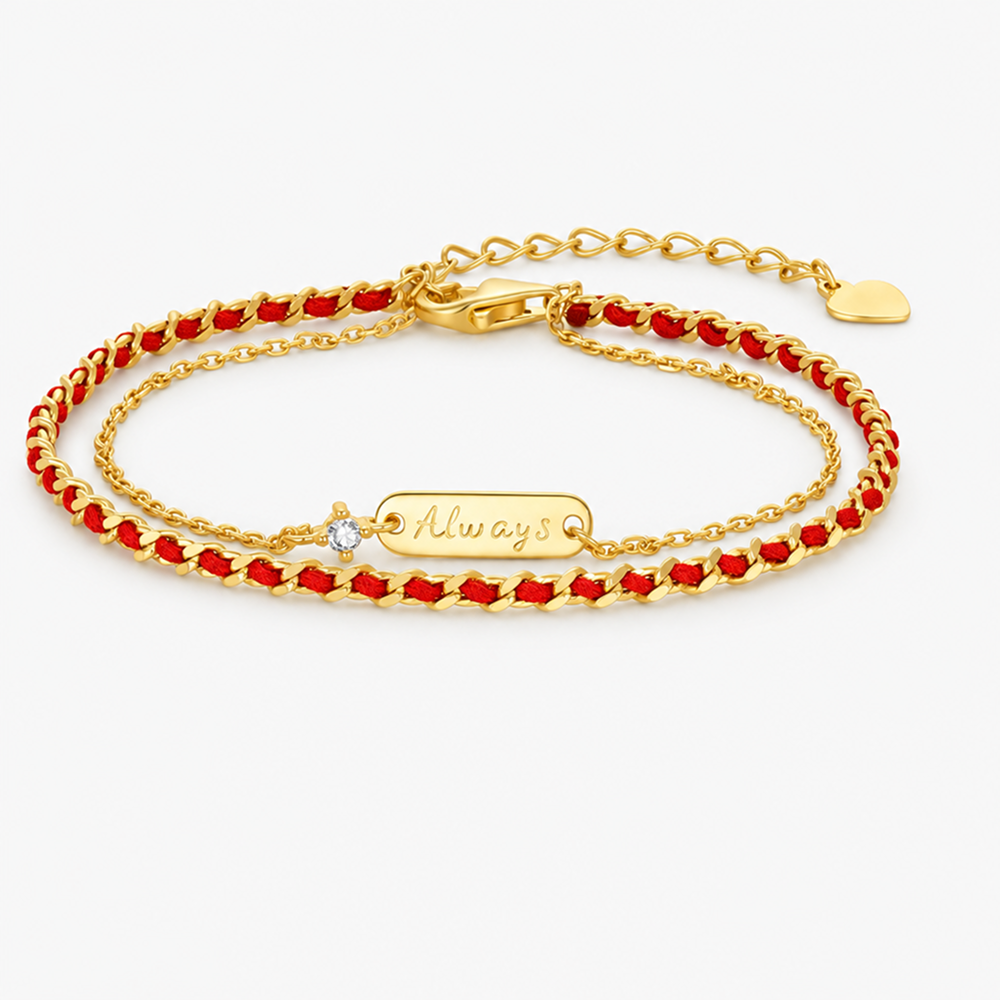 women's red cord and gold-tone double-layer bracelet with always message bar and adjustable extender