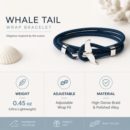Navy Whale Tail Wrap Bracelet, Electroplated Alloy and Braided Milan Cord, Adjustable Ocean-Inspired Couple Bracelet