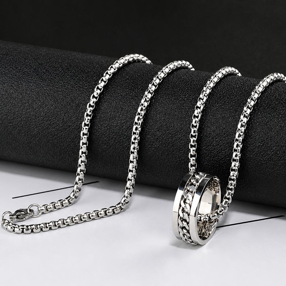 waterproof tarnish-free spinner ring necklace, premium titanium steel rotatable chain pendant, durable minimalist hip hop streetwear fidget anxiety relief jewelry gift