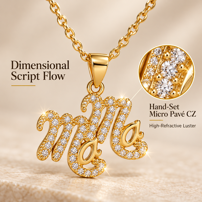 Gold-Plated Brass MAMA Pendant Necklace with Sparkling Details and Adjustable Extender