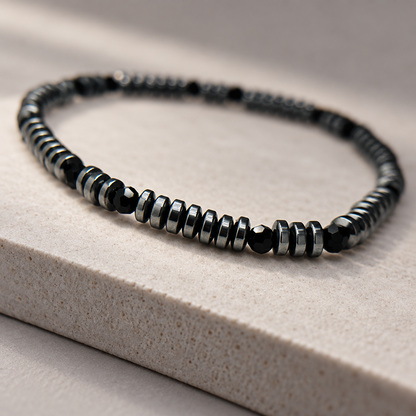 Men's Black Heidan Stone Beaded Bracelet with Disc Spacers and Faceted Beads