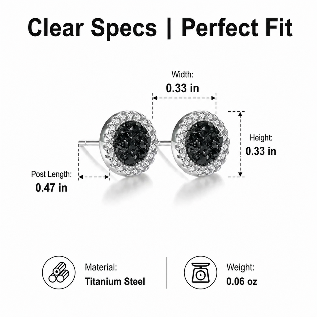 men's black druzy stud earrings titanium steel non tarnish fake gauge bling crystal halo round earrings punk gothic hip hop ear studs streetwear jewelry accessories gift for men boyfriend silver color