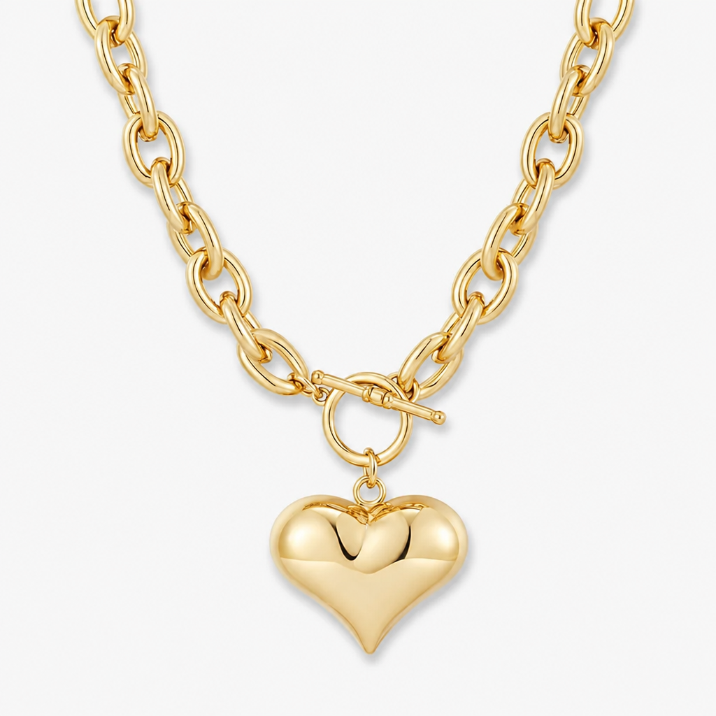 gold plated chunky chain necklace for women puffy heart pendant necklace minimalist bold link chain necklace with front ot toggle clasp jewelry gift