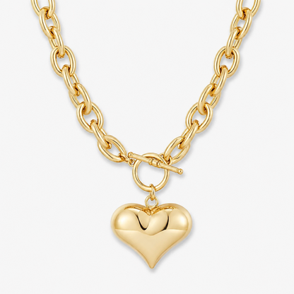 Gold Plated Chunky Chain Necklace for Women Puffy Heart Pendant Necklace Minimalist Bold Link Chain Necklace with Front OT Toggle Clasp Jewelry Gift