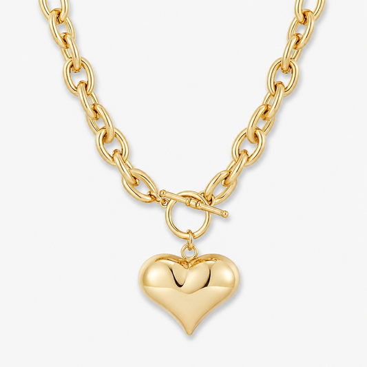 Gold Plated Chunky Chain Necklace for Women Puffy Heart Pendant Necklace Minimalist Bold Link Chain Necklace with Front OT Toggle Clasp Jewelry Gift