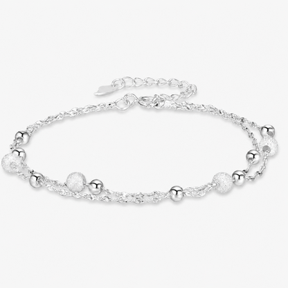 Dainty Double Layer Silver Tone Bracelet for Women Girls Gypsophila Sparkling Bead Bracelet Layered Cable Chain Minimalist Frosted Textured Shiny Round Bead Strand Stack Choker Clavicle Foot Wrist Jewelry Valentine Birthday Gift