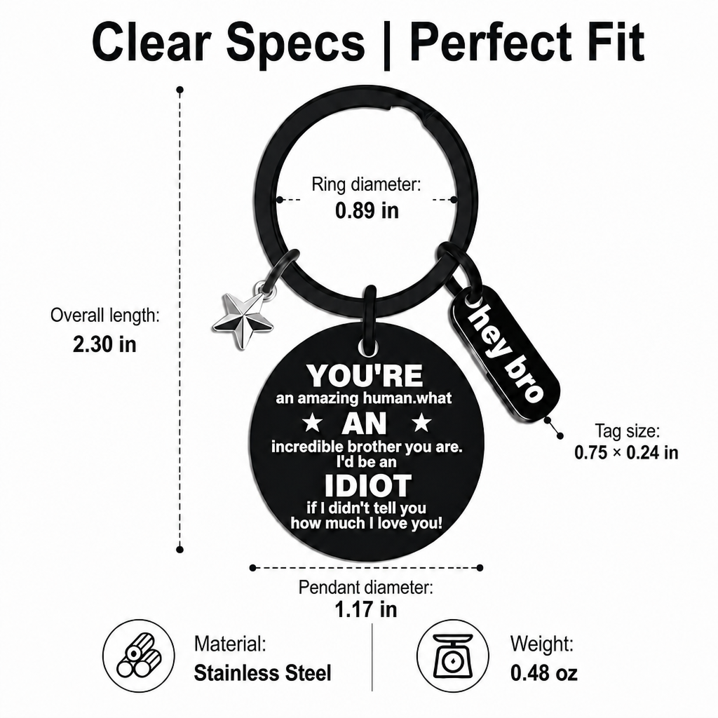 funny brother keychain gift from sister brother stainless steel black engraved round key ring charm pendant with star hey bro sign birthday graduation christmas motivational gag gift for men teens 1.17" 13.5g