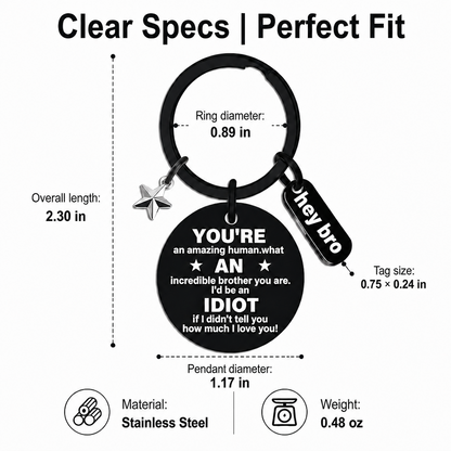 Funny Brother Keychain Gift from Sister Brother Stainless Steel Black Engraved Round Key Ring Charm Pendant with Star Hey Bro Sign Birthday Graduation Christmas Motivational Gag Gift for Men Teens 1.17" 13.5g