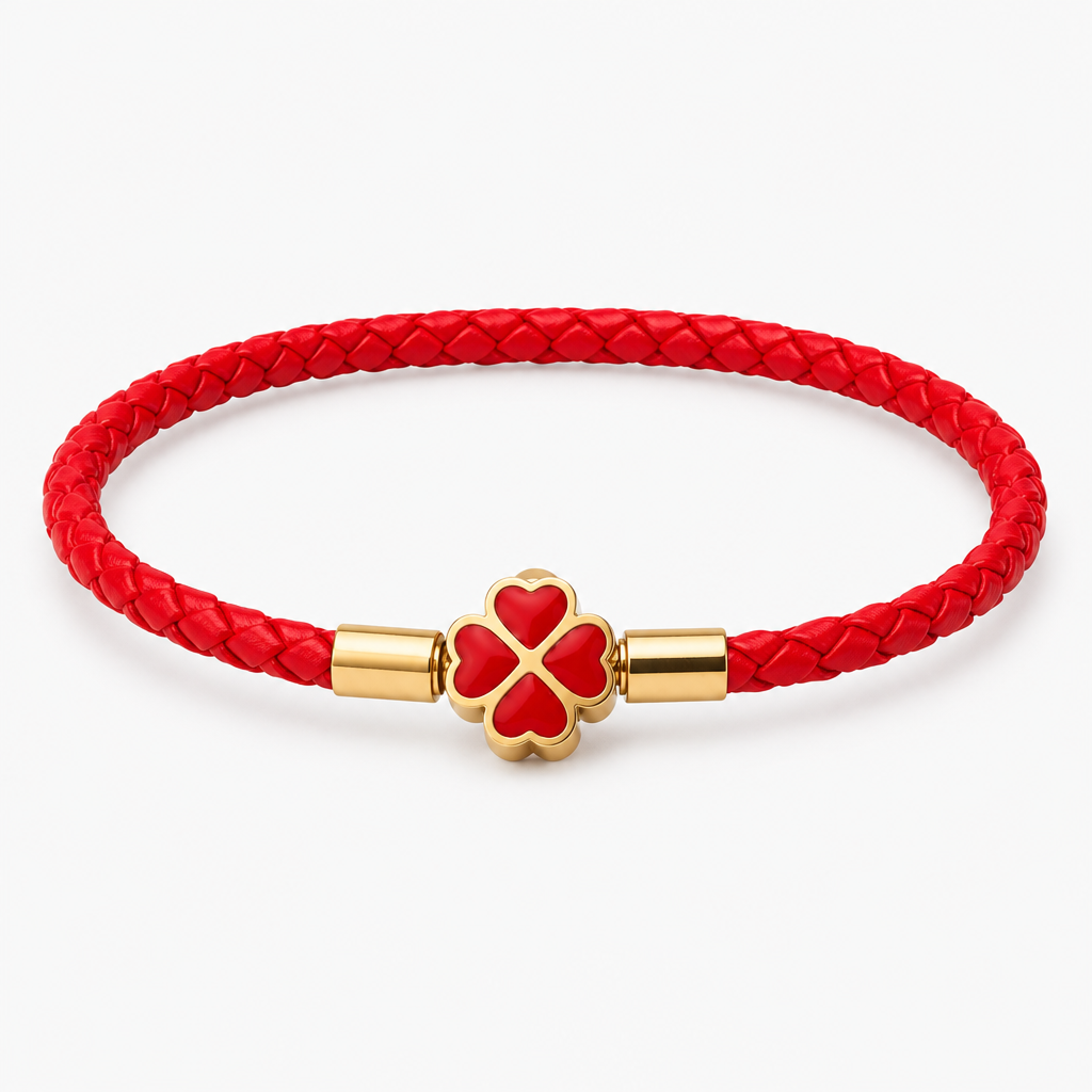 red string bracelet for women men stainless steel four leaf clover braided leather bracelet lucky protection amulet kabbalah red rope wristband friendship jewelry gift 8.3 inches