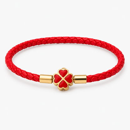 Red String Bracelet for Women Men Stainless Steel Four Leaf Clover Braided Leather Bracelet Lucky Protection Amulet Kabbalah Red Rope Wristband Friendship Jewelry Gift 8.3 Inches
