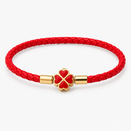 Red String Bracelet for Women Men Stainless Steel Four Leaf Clover Braided Leather Bracelet Lucky Protection Amulet Kabbalah Red Rope Wristband Friendship Jewelry Gift 8.3 Inches