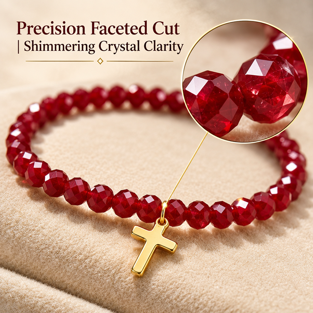 red faceted bead bracelet with gold-tone cross charm