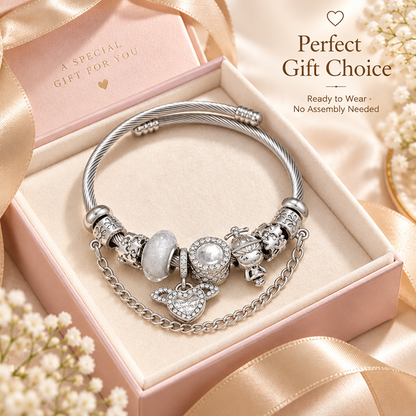 Silver-Tone Charm Bracelet with Winged Heart, Decorative Beads and Cable Texture
