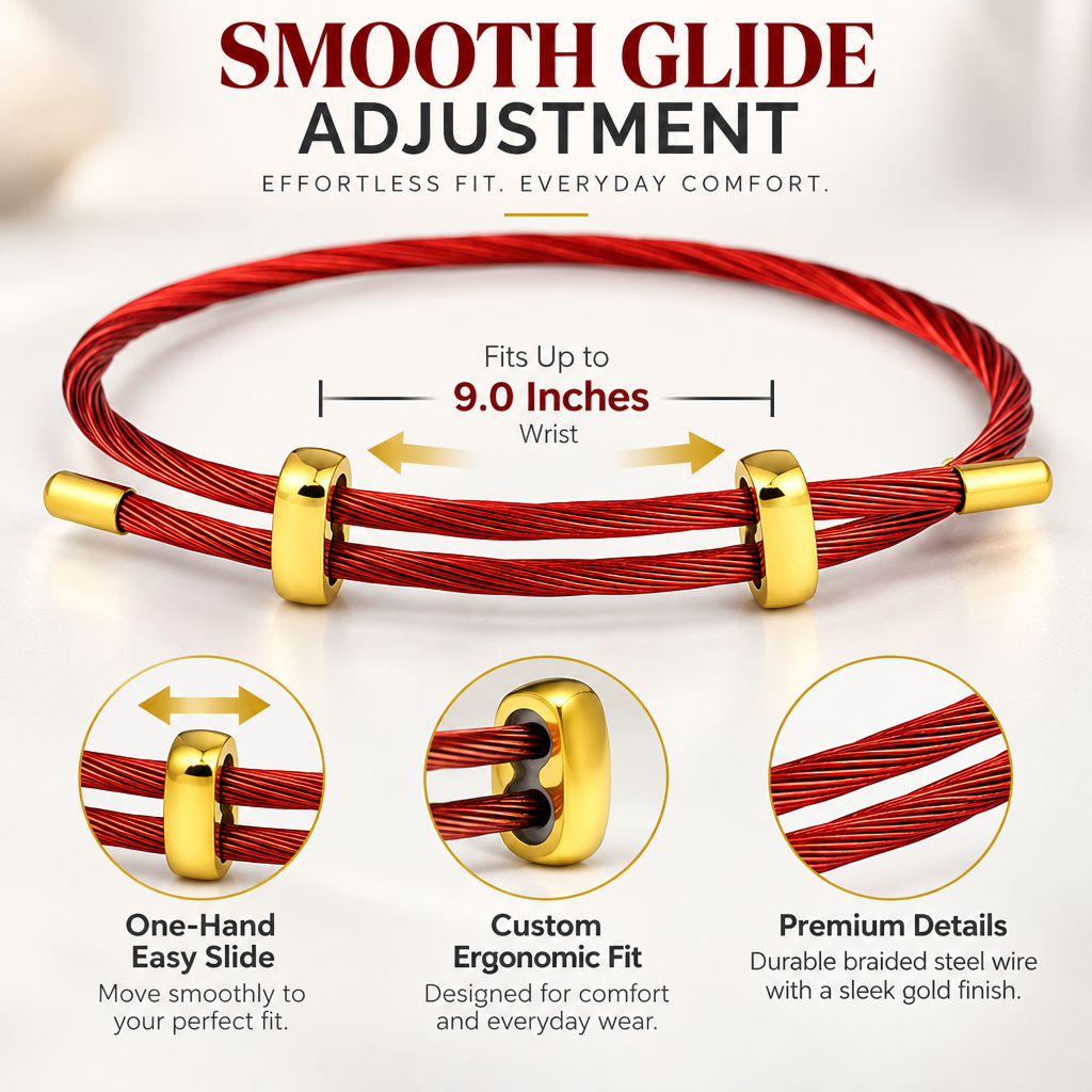 adjustable red multi-strand steel cable bracelet for men and women, minimalist wire rope wristband with gold-color slider clasps, 9.5 inch maximum length, lightweight modern layering accessory for everyday wear, casual gift for him or her