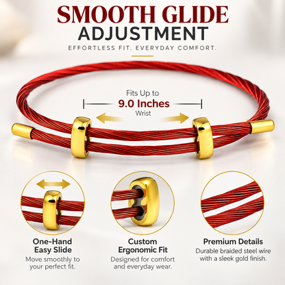 Adjustable Red Multi-Strand Steel Cable Bracelet for Men and Women, Minimalist Wire Rope Wristband with Gold-Color Slider Clasps, 9.5 Inch Maximum Length, Lightweight Modern Layering Accessory for Everyday Wear, Casual Gift for Him or Her