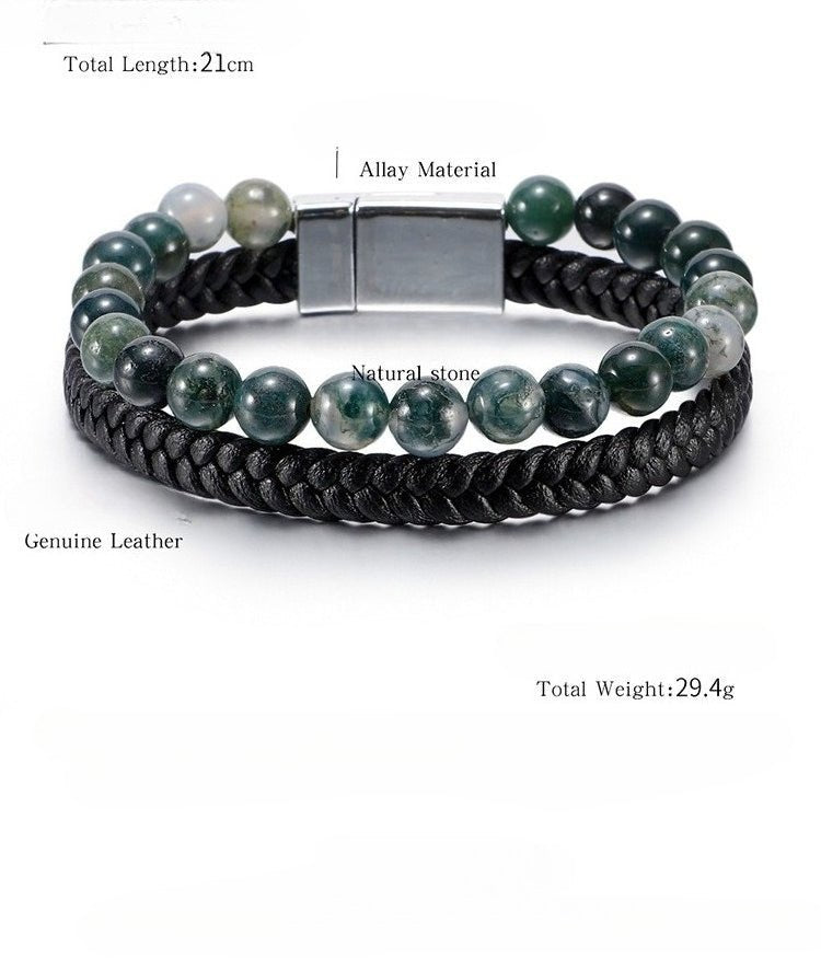 men’s beaded stone bracelet - tiger eye beads with genuine leather cord - natural stone and agate bracelet - star8s