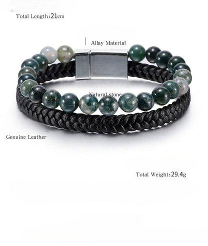 Men’s Beaded Stone Bracelet - Tiger Eye Beads with Genuine Leather Cord - Natural Stone and Agate Bracelet - STAR8S