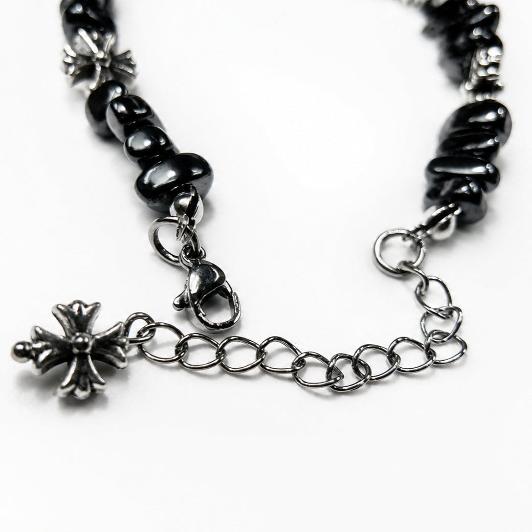 gothic cross beaded bracelet for men women natural black hematite stone irregular tumbled beads bracelet y2k hip hop punk rock wristband retro chrome floral crosses jewelry gif