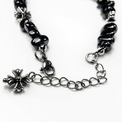 Gothic Cross Beaded Bracelet for Men Women Natural Black Hematite Stone Irregular Tumbled Beads Bracelet Y2K Hip Hop Punk Rock Wristband Retro Chrome Floral Crosses Jewelry Gif
