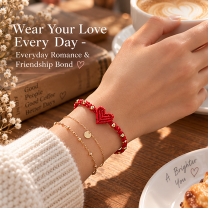 Red Cord Heart Bracelet with Gold-Tone Beads, Sliding Knot and Love Message Card