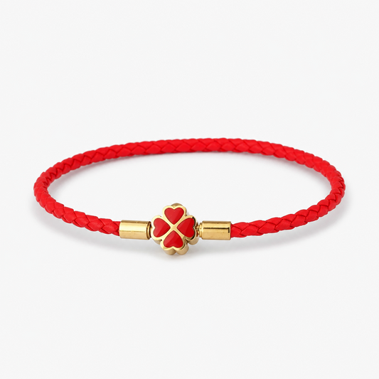 Red String Bracelet for Women Men Stainless Steel Four Leaf Clover Braided Leather Bracelet Lucky Protection Amulet Kabbalah Red Rope Wristband Friendship Jewelry Gift 8.3 Inches