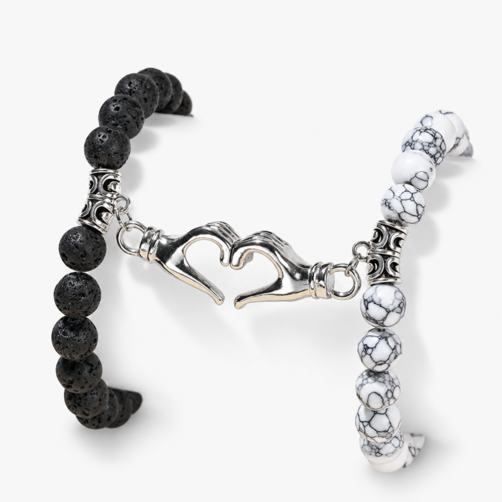 couples' magnetic hand heart bracelets with lava stone and white veined beads