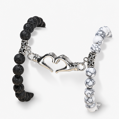 Couples' Magnetic Hand Heart Bracelets with Lava Stone and White Veined Beads