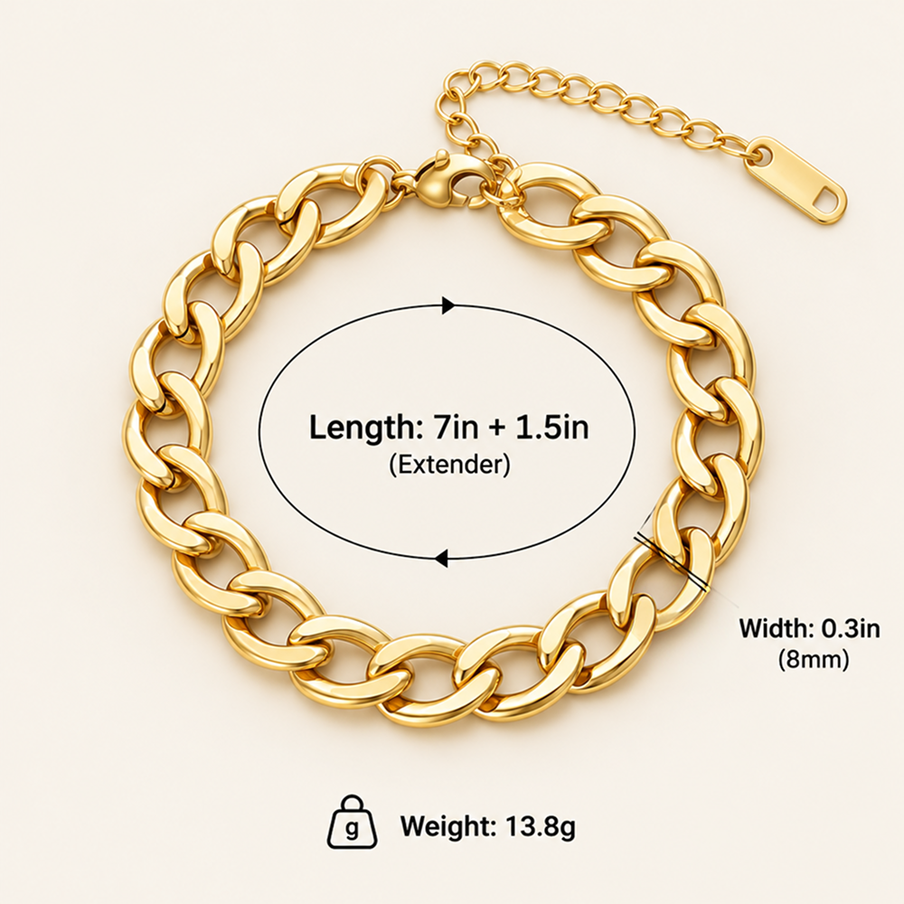 gold-plated brass cuban link bracelet with adjustable extender for men and women