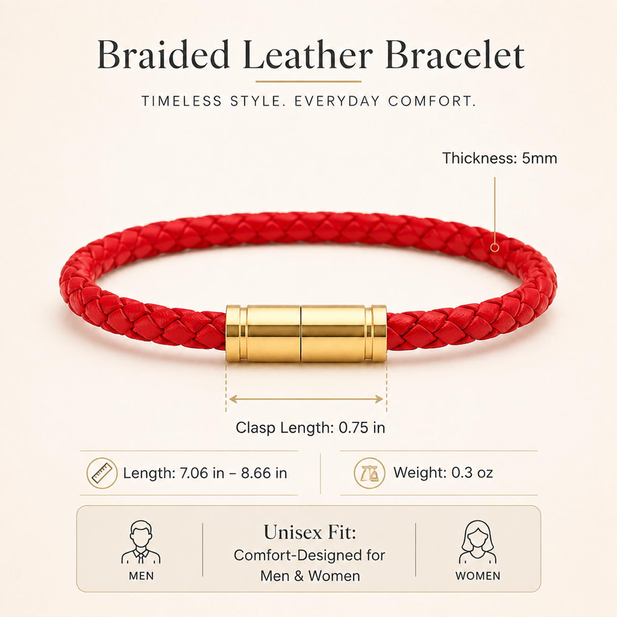 braided leather bracelet with strong magnetic clasp, 5mm stainless steel gold-tone closure wristband, unisex jewelry gift for men & women everyday wear