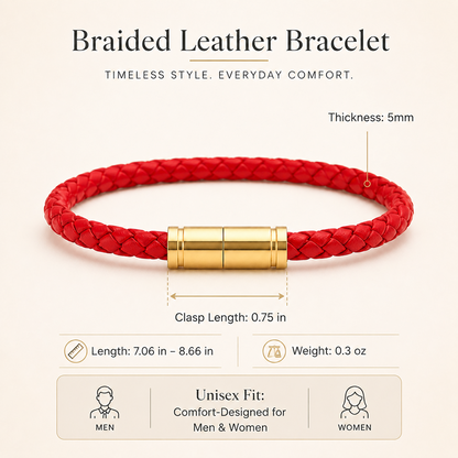 Braided Leather Bracelet with Strong Magnetic Clasp, 5mm Stainless Steel Gold-Tone Closure Wristband, Unisex Jewelry Gift for Men & Women Everyday Wear