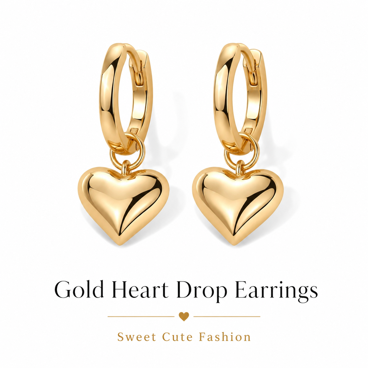 lightweight shiny gold puffy heart charm huggie earrings comfortable secure click closure dainty dangling heart drop hoops for daily wear sensitive ears