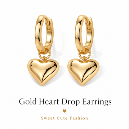 Lightweight Shiny Gold Puffy Heart Charm Huggie Earrings Comfortable Secure Click Closure Dainty Dangling Heart Drop Hoops for Daily Wear Sensitive Ears