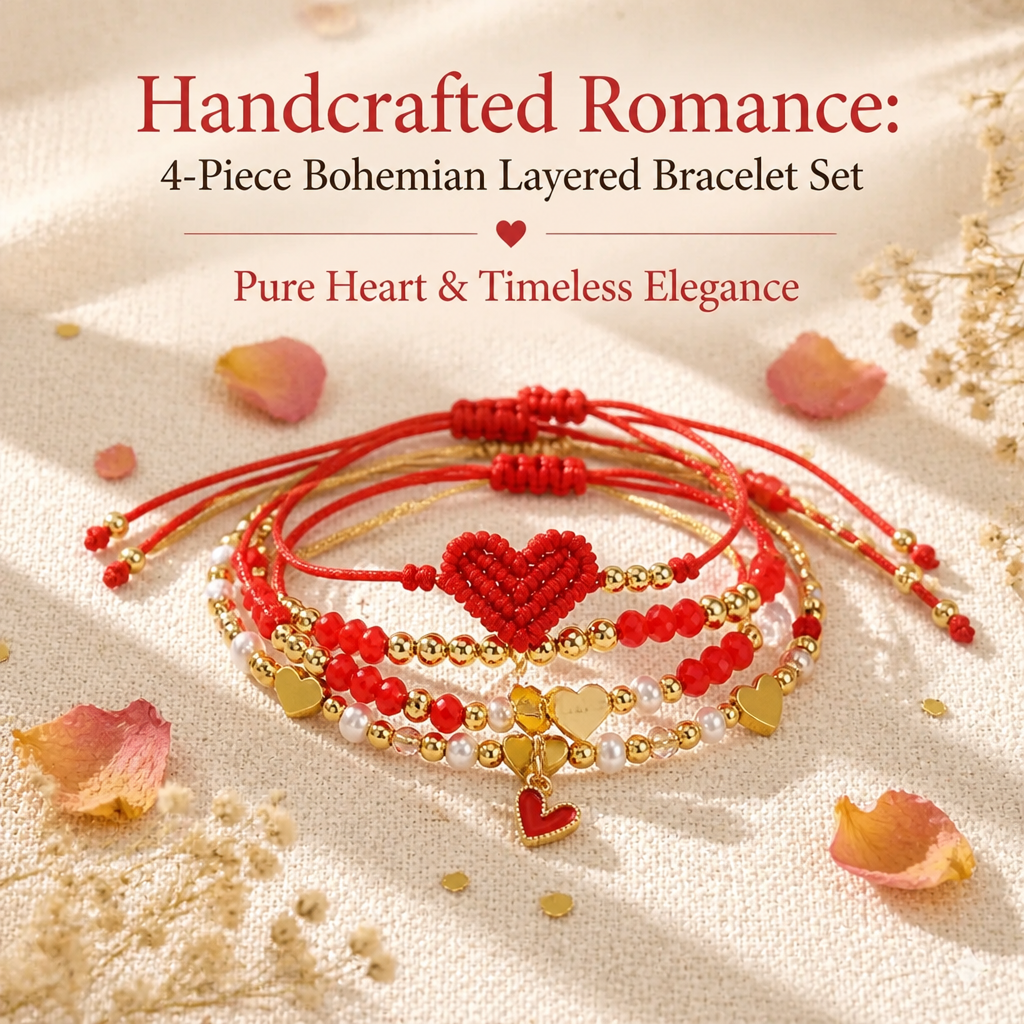 boho chic 4-piece red string & gold-tone heart bracelet stack | lightweight adjustable braided cord beaded charm bracelets set perfect for daily wear & gifting