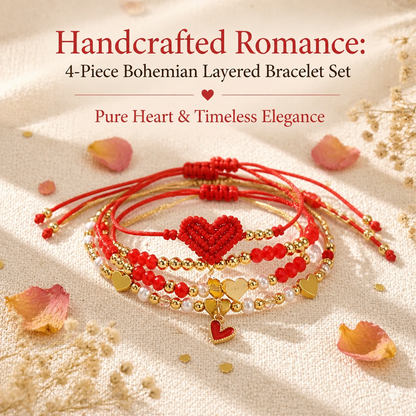 Boho Chic 4-Piece Red String & Gold-Tone Heart Bracelet Stack | Lightweight Adjustable Braided Cord Beaded Charm Bracelets Set Perfect for Daily Wear & Gifting