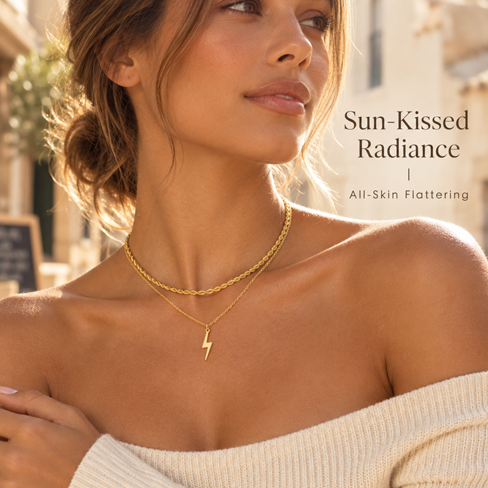 women's 2-piece gold-tone electroplated brass layered lightning bolt necklace set
