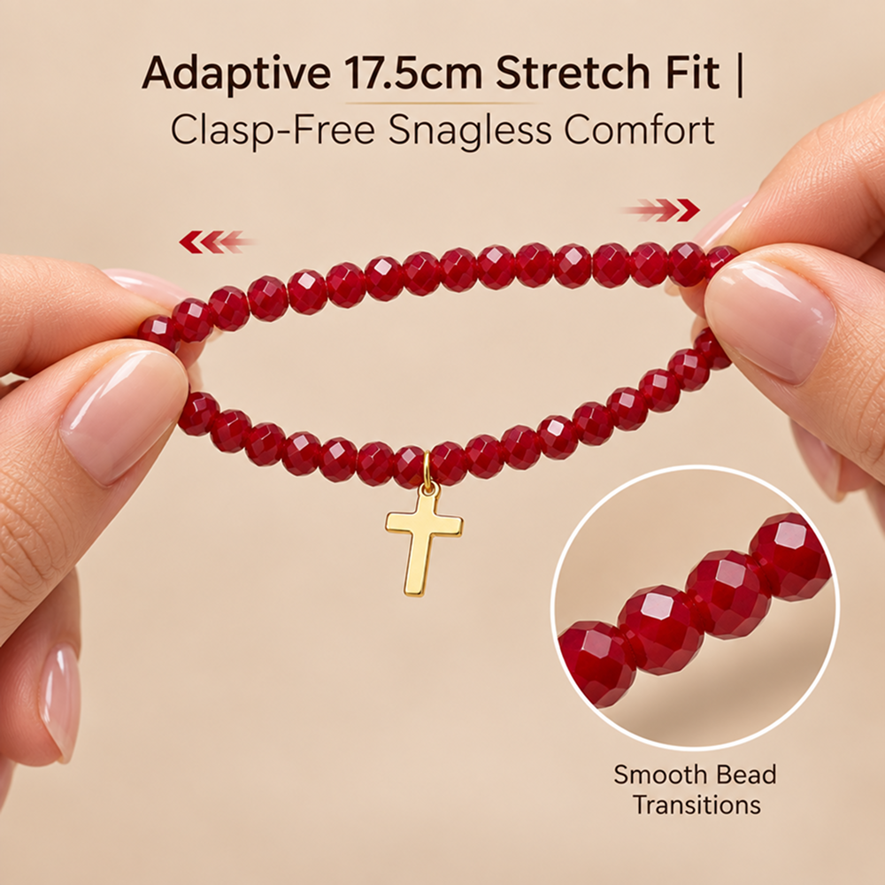 red faceted bead bracelet with gold-tone cross charm