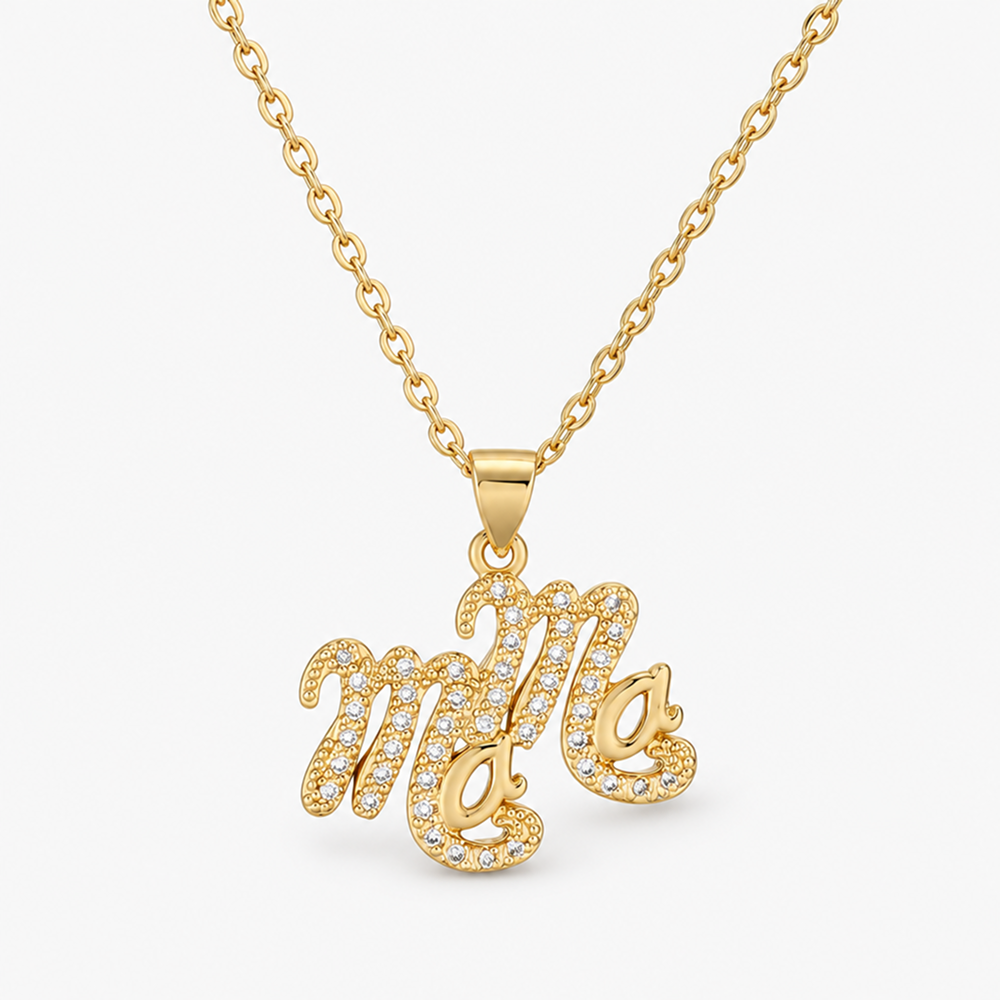 gold-plated brass mama pendant necklace with sparkling details and adjustable extender