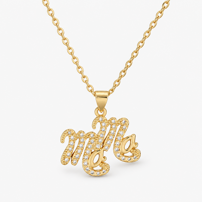 Gold-Plated Brass MAMA Pendant Necklace with Sparkling Details and Adjustable Extender