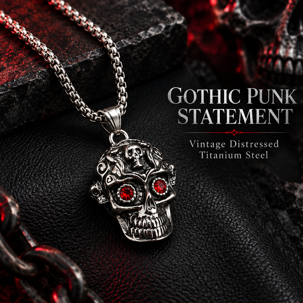 men's stainless steel skull pendant necklace with red eye accents