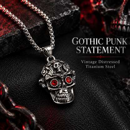 Men's Stainless Steel Skull Pendant Necklace with Red Eye Accents