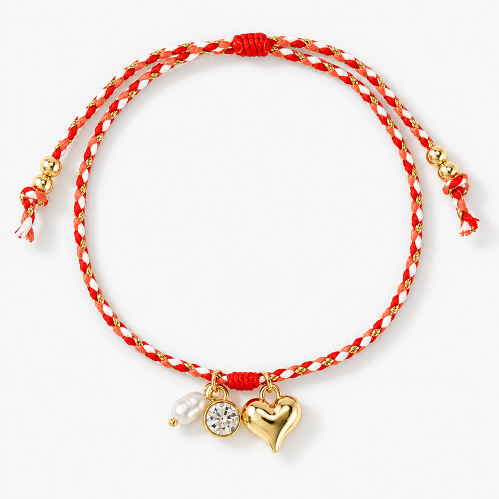 adjustable braided cord bracelet with gold-tone heart charm and sliding knot