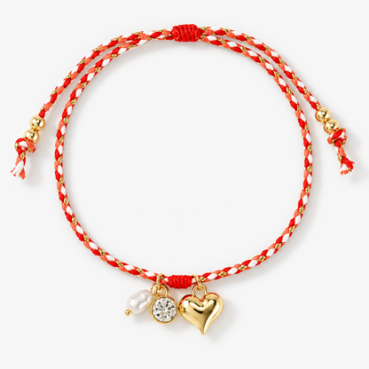 Adjustable Braided Cord Bracelet with Gold-Tone Heart Charm and Sliding Knot