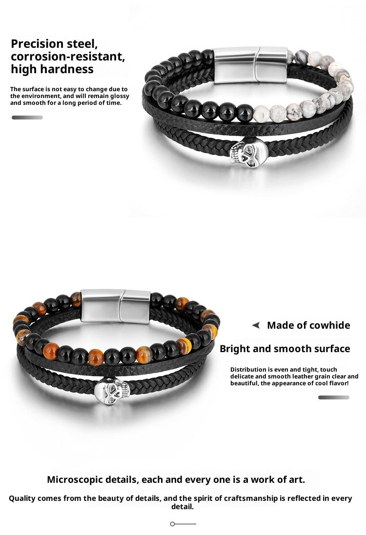 men’s stainless steel bracelet – leather & tiger’s eye beads with skull charm - star8s