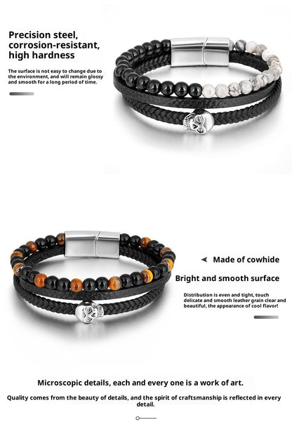 Men’s Stainless Steel Bracelet – Leather & Tiger’s Eye Beads with Skull Charm - STAR8S