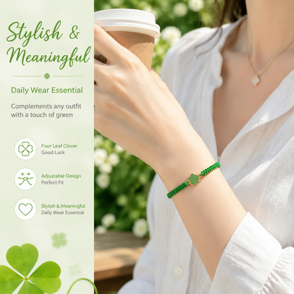 Lucky Five Leaf Clover Wish Bracelet for Women Teen Girls Emerald Green Adjustable Hand Woven String Bracelet Extra Fortune Blessing Jewelry Gift with Card