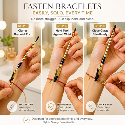 Jewelry Clasp Helper for Bracelets and Necklaces, One-Handed Bracelet Fastening Tool with Spring Clip, Gold-Color Iron Rod Jewelry Dressing Aid, 6.10 Inch Lightweight Clasp Holder for Chain Bracelets and Necklaces, Travel Accessory for Home or Travel